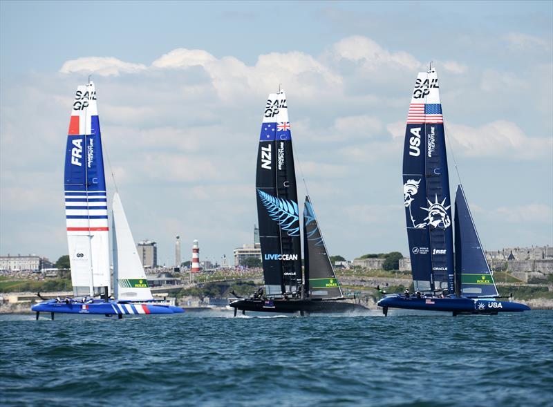 France SailGP Team, New Zealand SailGP Team and USA SailGP Team foiling across Plymouth Sound on race day 1 at Great Britain SailGP, Event 3, Season 2 in Plymouth, UK. 17 July photo copyright James Smith/SailGP taken at Royal Plymouth Corinthian Yacht Club and featuring the F50 class