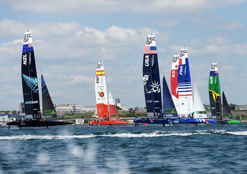 New Zealand SailGP Team, Spain SailGP Team, USA SailGP Team, Japan SailGP Team, France SailGP Team and Australia SailGP Team foiling across Plymouth Sound on race day 1 at Great Britain SailGP, Event 3, Season 2 in Plymouth, UK. 17 July photo copyright James Smith/SailGP taken at Royal Plymouth Corinthian Yacht Club and featuring the F50 class