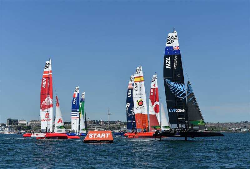 New Zealand SailGP Team take the early lead across the start line with the fleet close behind on race day 2 of Great Britain SailGP, Event 3, Season 2 in Plymouth, UK 18 July  photo copyright Ricardo Pinto/SailGP taken at Royal New Zealand Yacht Squadron and featuring the F50 class