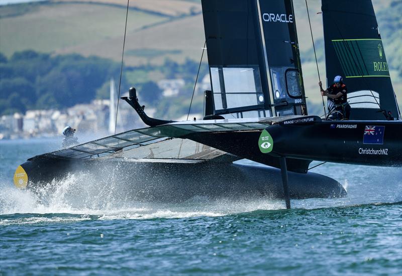 New Zealand SailGP Team helmed by interim skipper Arnaud Psarofaghis in action ahead of racing on race day 2 of Great Britain SailGP, Event 3, Season 2 in Plymouth, UK 18 July  photo copyright Ricardo Pinto/SailGP taken at Royal New Zealand Yacht Squadron and featuring the F50 class