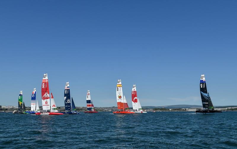 New Zealand SailGP Team take the early lead across the start line with the fleet close behind on race day 2 of Great Britain SailGP, Event 3, Season 2 in Plymouth, UK 18 July .  - photo © Ricardo Pinto/SailGP