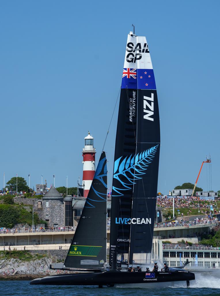 New Zealand SailGP Team helmed by interim skipper Arnaud Psarofaghis in action on race day 2 of Great Britain SailGP, Event 3, Season 2 in Plymouth, UK. 18 July  photo copyright Bob Martin/SailGP taken at Royal New Zealand Yacht Squadron and featuring the F50 class