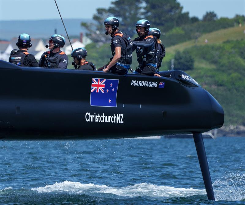 New Zealand SailGP Team helmed by interim skipper Arnaud Psarofaghis in action during practice on race day 2 of Great Britain SailGP, Event 3, Season 2 in Plymouth, UK. 18 July  photo copyright Bob Martin/SailGP taken at Royal New Zealand Yacht Squadron and featuring the F50 class