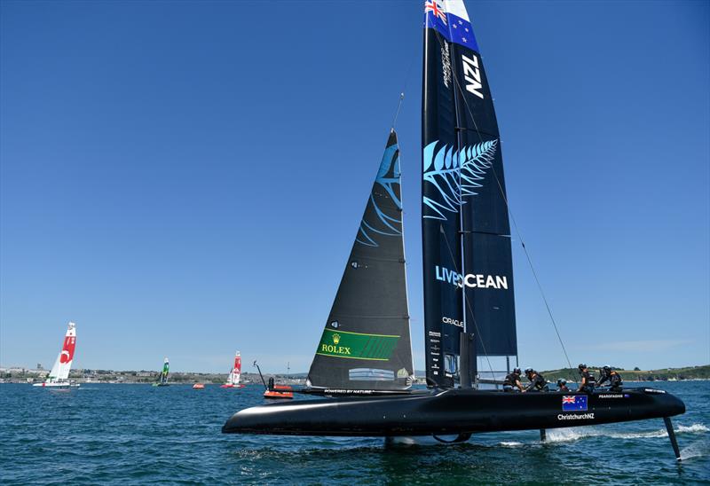 New Zealand SailGP Team helmed by interim skipper Arnaud Psarofaghis in action ahead of racing on race day 2 of Great Britain SailGP, Event 3, Season 2 in Plymouth, UK 18 July  photo copyright Ricardo Pinto/SailGP taken at Royal New Zealand Yacht Squadron and featuring the F50 class