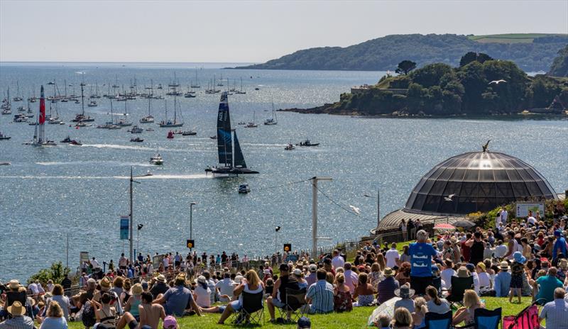 New Zealand SailGP Team sails past as spectators watch the action on race day 2 from Plymouth Hoe and the SailGP Village during Great Britain SailGP, Event 3, Season 2 in Plymouth, Great Britain 18 July  - photo © Adam Warner/SailGP