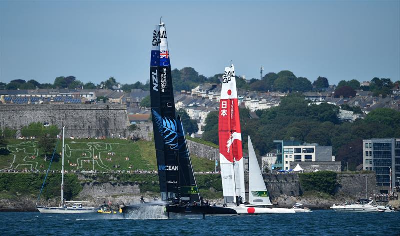 New Zealand SailGP Team and Japan SailGP Team on race day 2 of Great Britain SailGP, Event 3, Season 2 in Plymouth, UK 18 July  photo copyright Ricardo Pinto/SailGP taken at Royal New Zealand Yacht Squadron and featuring the F50 class