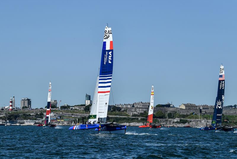 The fleet at the start of the race with Japan SailGP Team, New Zealand SailGP Team, Great Britain SailGP Team, Spain SailGP Team, France SailGP Team and USA SailGP Team on race day 2 of Great Britain SailGP, Event 3, Season 2 in Plymouth, UK 18 July  photo copyright Ricardo Pinto/SailGP taken at Plymouth Yacht Club and featuring the F50 class