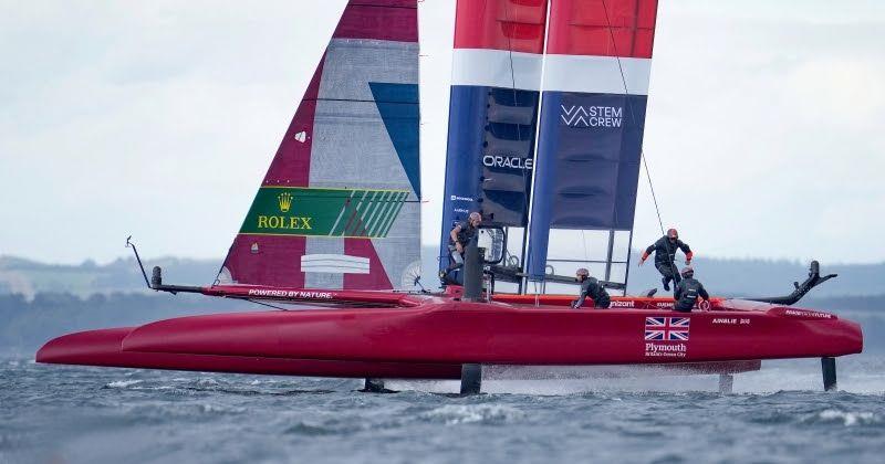 Ben Ainslie running across the Great Britain SailGP Team F50 on the Aarhus waters photo copyright Thomas Lovelock for SailGP taken at  and featuring the F50 class