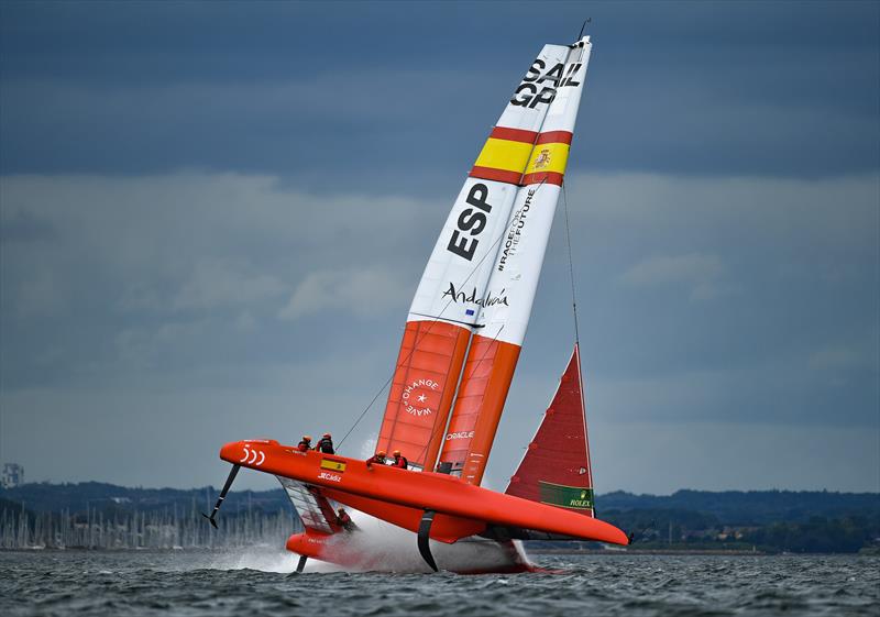 Spain SailGP Team co-helmed by Florian Trittel and Phil Robertson goes down the mine in practice for SailGP Denmark photo copyright Ricardo Pinto/SailGP taken at  and featuring the F50 class