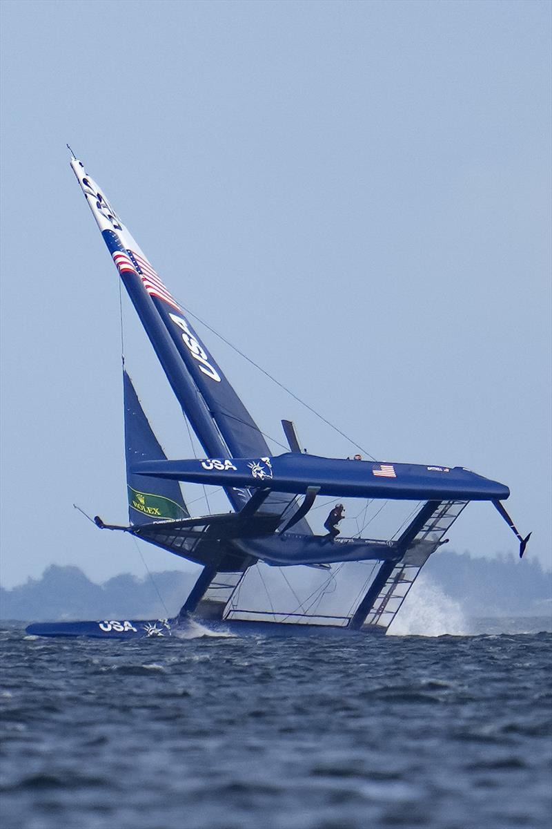 USA SailGP Team almost capsizes during the Practice Fleet Races at Denmark SailGP photo copyright Thomas Lovelock/SailGP taken at  and featuring the F50 class