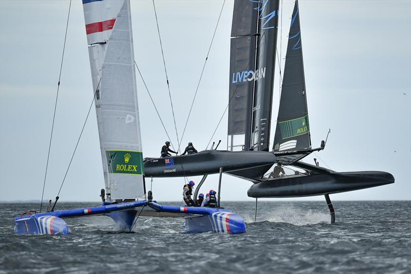 France SailGP Team helmed by Billy Besson and New Zealand SailGP Team helmed  by Peter Burling, warming up in the lead up to the first race of Race Day 1 at Denmark SailGP photo copyright Ricardo Pinto/SailGP taken at Sailing Aarhus and featuring the F50 class