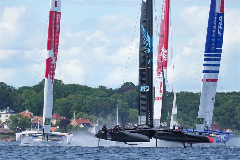 Japan SailGP Team, New Zealand SailGP Team, Denmark SailGP Team and France SailGP Team in action on Race Day 1 at Denmark SailGP photo copyright Thomas Lovelock/SailGP taken at Sailing Aarhus and featuring the F50 class