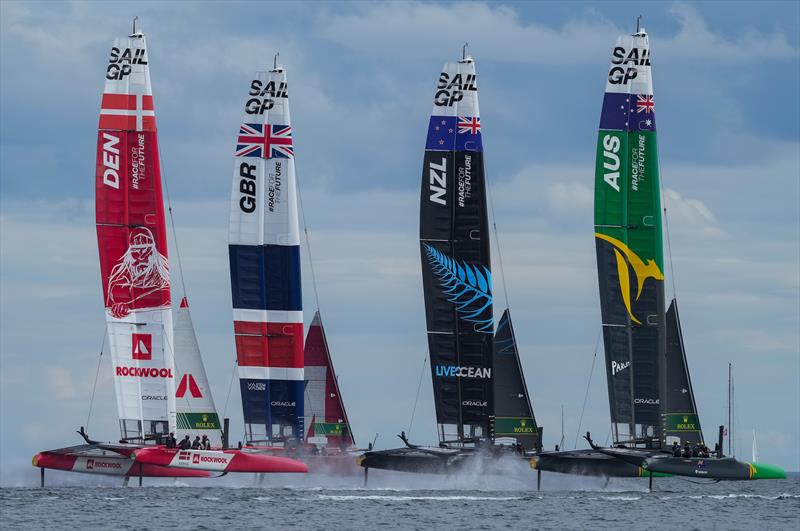 Denmark SailGP Team, Great Britain SailGP Team, New Zealand SailGP Team and Australia SailGP Team in action on Race Day 1 at Denmark SailGP photo copyright Ian Roman/SailGP taken at Sailing Aarhus and featuring the F50 class