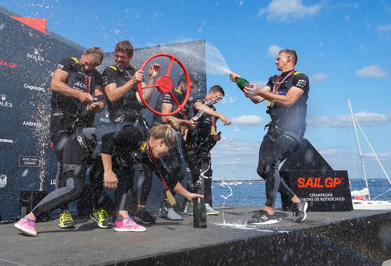 Australia SailGP Team spray champagne as they celebrate their win at ROCKWOOL Denmark Sail Grand Prix - photo © Ian Roman for SailGP