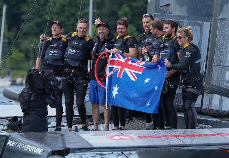 Frederik, Crown Prince of Denmark, 6th sailor on the Denmark SailGP Team presented by ROCKWOOL, congratulates Australia SailGP Team after they win the final race - photo © Ian Roman for SailGP