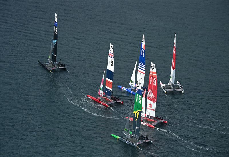 New Zealand SailGP Team helmed by Peter Burling takes the lead at the start of Race Day 2 at Denmark SailGP, Event 4, Season 2 in Aarhus, Denmark  photo copyright Jonathon Nackstrand/SailGP taken at Sailing Aarhus and featuring the F50 class