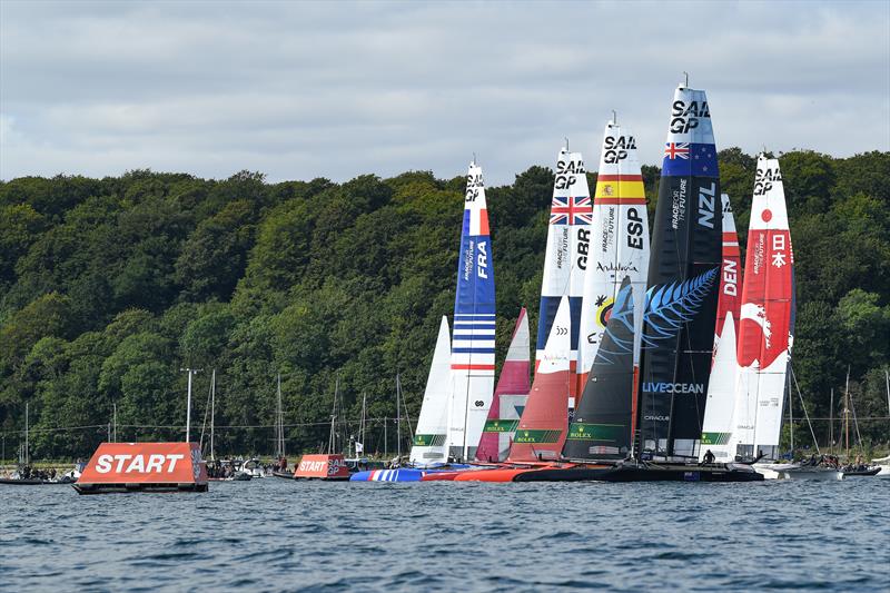 SailGP fleet in action on Race Day 2 at Denmark SailGP, Event 4, Season 2 in Aarhus, Denmark  photo copyright Ricardo Pinto/SailGP taken at Sailing Aarhus and featuring the F50 class