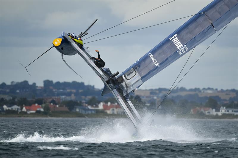 The F50 catamaran of the USA SailGP Team helmed by Jimmy Spithill almost capsizes during the Practice Fleet Races at Denmark SailGP photo copyright Ricardo Pinto/SailGP taken at Sailing Aarhus and featuring the F50 class