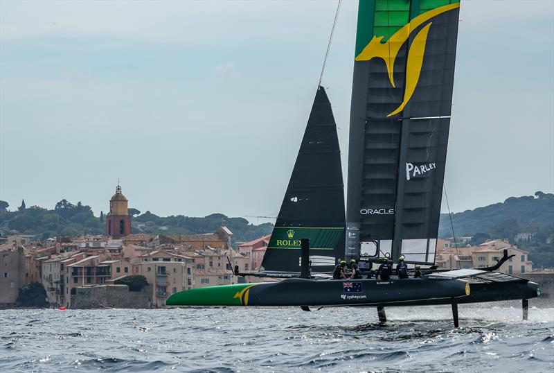 Australia SailGP Team helmed by Tom Slingsby in action during a practice session ahead of France SailGP event photo copyright Ian Roman for SailGP taken at  and featuring the F50 class