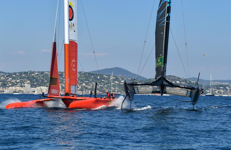 Spain SailGP Team  and New Zealand SailGP Team in action on Race Day 1, France SailGP, Event 5, in Saint-Tropez, France.  - photo © Ricardo Pinto/SailGP