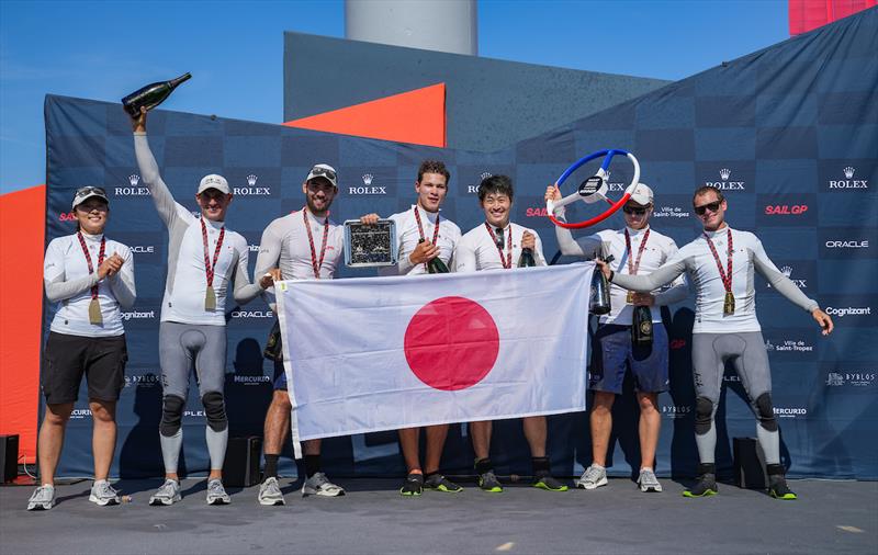 Japan SailGP Team helmed by Nathan Outterridge celebrate winning the Saint-Tropez SailGP photo copyright Bob Martin for SailGP taken at  and featuring the F50 class