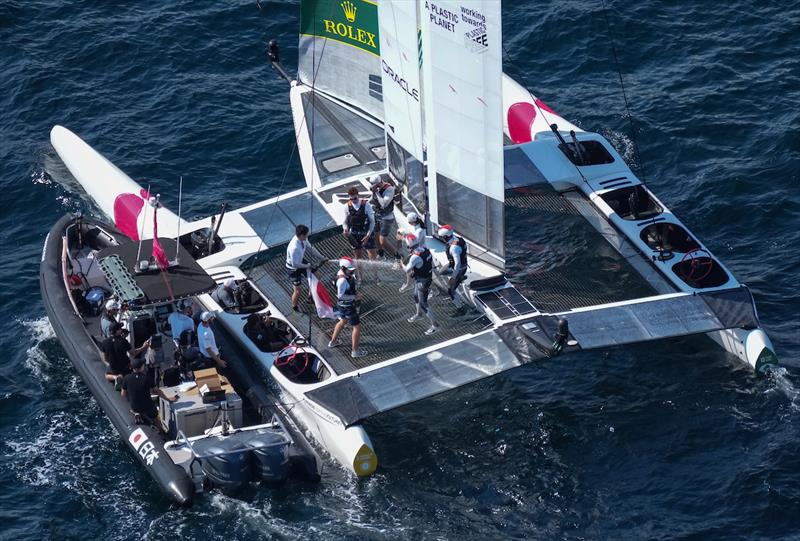 Japan SailGP Team helmed by Nathan Outterridge with their support boat celebrate after winning the final race on Race Day 2 of France SailGP photo copyright Thomas Lovelock for SailGP taken at  and featuring the F50 class