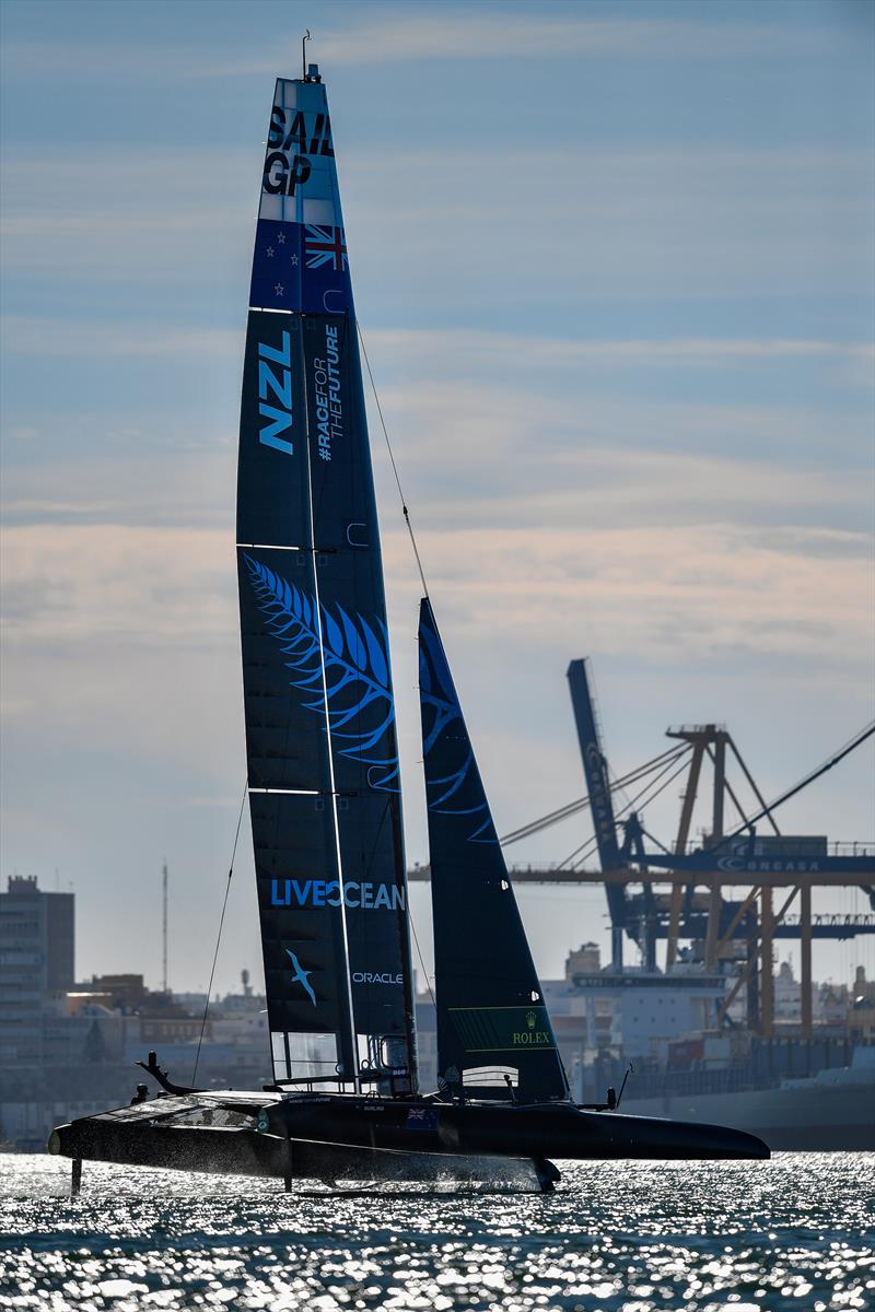 New Zealand SailGP Team, with the Big Wing, co-helmed by Peter Burling and Blair Tuke in action during a practice session ahead of Spain SailGP, Event 6, Season 2 in Cadiz, Andalucia, Spain photo copyright Ricardo Pinto/SailGP taken at Royal New Zealand Yacht Squadron and featuring the F50 class