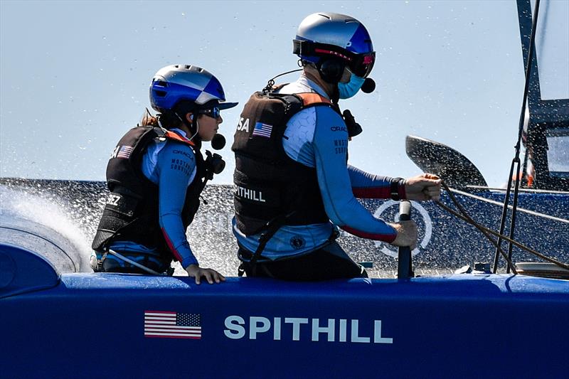 CJ Perez of USA SailGP Team sits behind Jimmy Spithill, CEO & helmsman of USA SailGP Team, during a practice session ahead of Spain SailGP,  photo copyright Ricardo Pinto/SailGP taken at  and featuring the F50 class