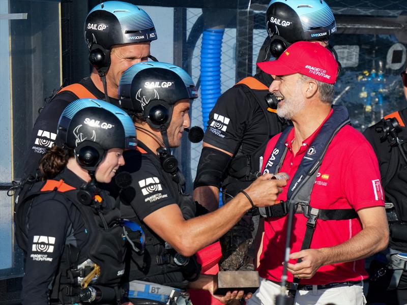 His Majesty King Felipe VI  presents the Juan Sebastin de Elcano Trophy to the New Zealand SailGP Team photo copyright Bob Martin/SailGP taken at Royal New Zealand Yacht Squadron and featuring the F50 class