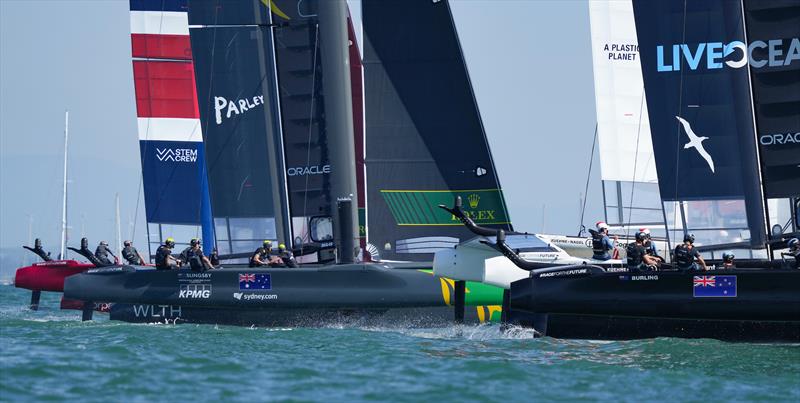 Australia SailGP Team helmed by Tom Slingsby and New Zealand SailGP Team co-helmed by Peter Burling and Blair Tuke in action on Race Day 1 at Spain SailGP, Event 6, Season 2 in Cadiz, Andalucia, Spain. 9th October  photo copyright Bob Martin/SailGP taken at  and featuring the F50 class