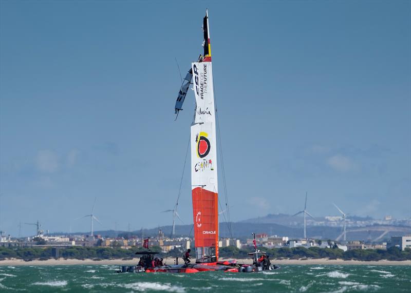 View of damage to the wing on the Spain SailGP Team F50 catamaran.  Race Day 2 at Spain SailGP,  - photo © Thomas Lovelock/SailGP