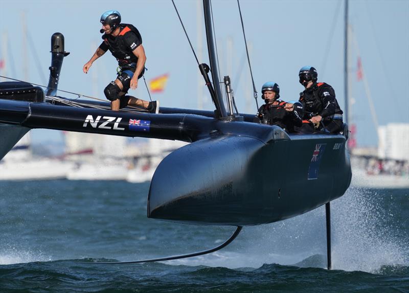 New Zealand SailGP Team co-helmed by Peter Burling and Blair Tuke in action on Race Day 2 at Spain SailGP -10th October .  - photo © Bob Martin/SailGP