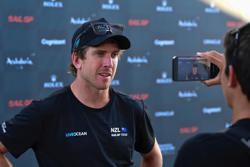 Peter Burling of New Zealand SailGP Team speaks to the media in the Technical Area after Race Day 1 at Spain SailGP - photo © Ricardo Pinto/SailGP