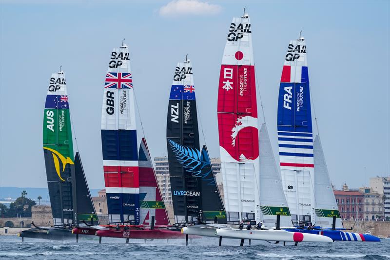 Australia SailGP Team, Great Britain SailGP Team, New Zealand SailGP Team, Japan SailGP Team and France SailGP Team competing on Race Day 1 at Italy SailGP, Event 2, Season 2 in Taranto, Italy photo copyright Bob Martin/SailGP taken at Christchurch Sailing Club and featuring the F50 class