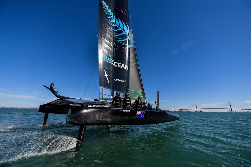 New Zealand SailGP Team co-helmed by Peter Burling and Blair Tuke in action during a practice session ahead of Spain SailGP, Event 6, Season 2 in Cadiz, Andalucia, Spain photo copyright Ricardo Pinto/SailGP taken at Christchurch Sailing Club and featuring the F50 class