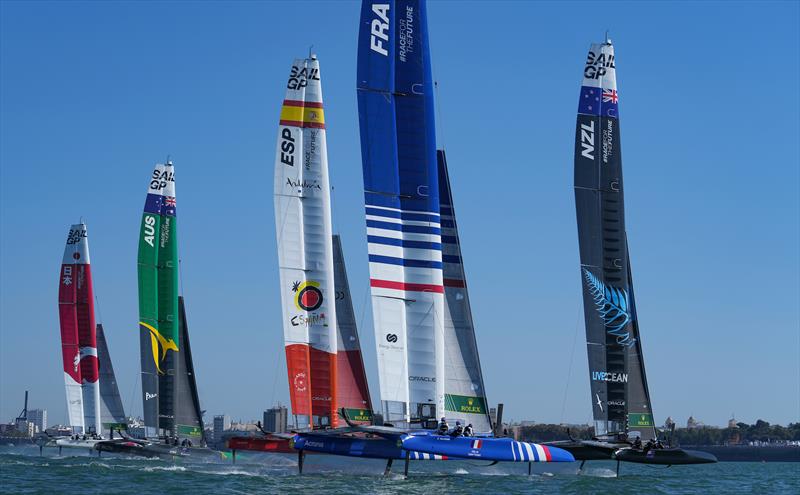 The fleet in action on Race Day 1 at Spain SailGP, Event 6, Season 2 in Cadiz, Andalucia, Spain photo copyright Bob Martin/SailGP taken at Christchurch Sailing Club and featuring the F50 class