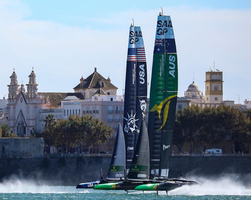 Close sailing between Australia SailGP Team helmed by Tom Slingsby and USA SailGP Team during a practice session ahead of Spain SailGP, Event 6, Season 2 in Cadiz, Andalucia, Spain - photo © Felix Diemer for SailGP