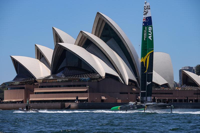 Australia SailGP Team helmed by Tom Slingsby sail past Sydney Opera House during a practice session ahead of Australia Sail Grand Prix presented by KPMG - photo © David Gray for SailGP