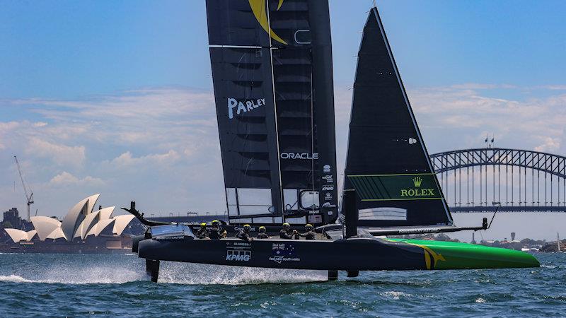 Australia SailGP Team helmed by Tom Slingsby sail past the Sydney Opera House and Sydney Harbour Bridge during a practice session ahead of Australia Sail Grand Prix presented by KPMG - photo © David Gray for SailGP