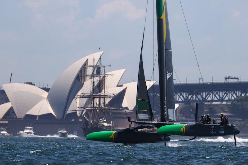 Australia SailGP Team helmed by Tom Slingsby sail past the Sydney Opera House during a practice session ahead of Australia Sail Grand Prix presented by KPMG photo copyright David Gray for SailGP taken at  and featuring the F50 class