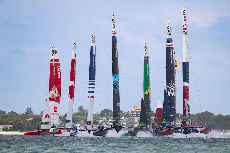 SailGP fleet at the start of a practice fleet race ahead of Australia Sail Grand Prix presented by KPMG photo copyright Brett Costello for SailGP taken at  and featuring the F50 class