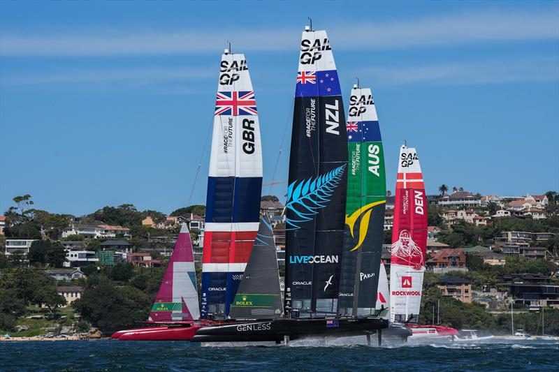 Great Britain, New Zealand,  Australia and Denmark SailGP Teams in action during a practice session ahead of Australia Sail Grand Prix presented by KPMG. 15 December  - photo © Bob Martin/SailGP
