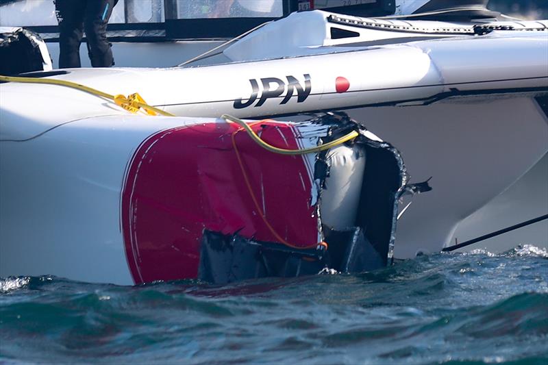 The bow on the Japan SailGP Team F50 catamaran is lost after a collision with Great Britain SailGP Team - photo © Brett Costello/SailGP