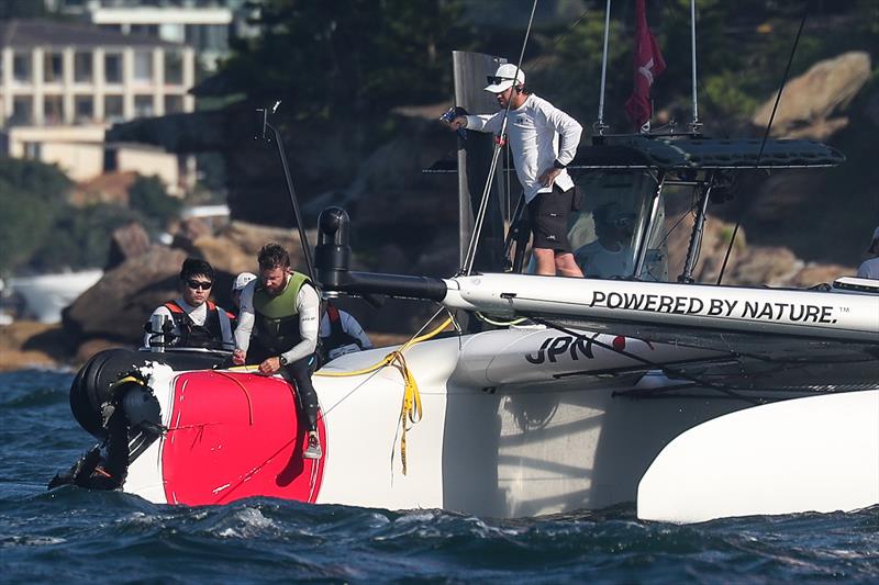 The bow on the Japan SailGP Team F50 catamaran is lost after a collision with Great Britain SailGP Team  - photo © Brett Costello/SailGP