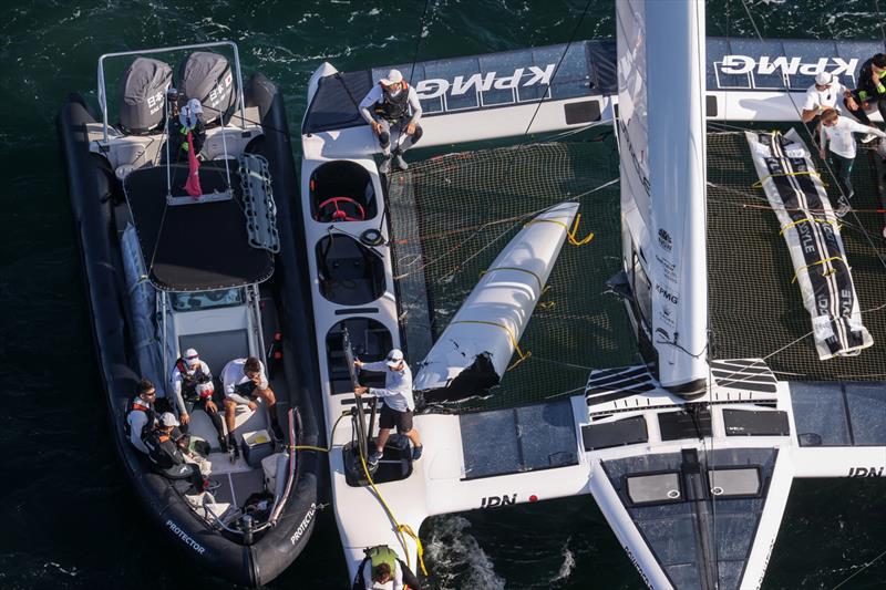 The Japan SailGP Team helmed by Nathan Outterridge shows damage to the bow after a collision with Great Britain SailGP Team photo copyright David Gray/SailGP taken at Woollahra Sailing Club and featuring the F50 class