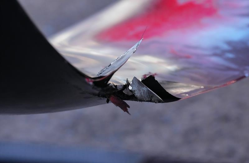 The damaged foil on the Great Britain SailGP Team F50 catamaran after colliding with Japan SailGP Team  - photo © Bob Martin/SailGP