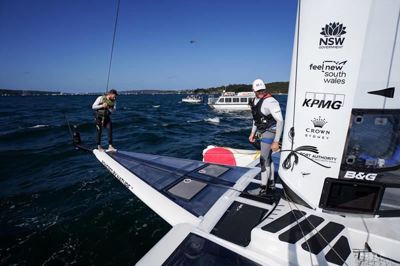 Japan SailGP Team technical crew work on the damaged bow after a collision with Great Britain SailGP Team on Race Day 1.  - photo © Beau Outteridge/SailGP