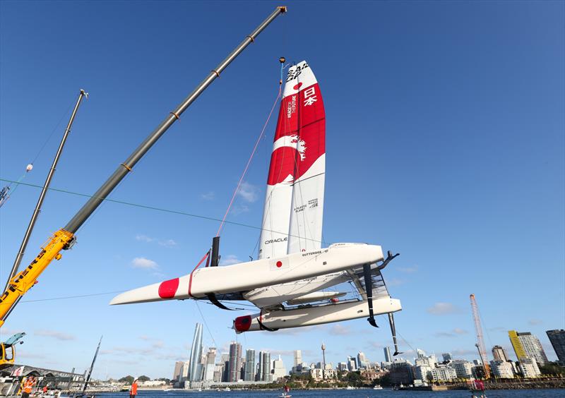 Japan SailGP Team F50 catamaran being craned out of the water at the end of Race Day 1 after colliding with Great Britain SailGP Team - photo © Brett Costello/SailGP