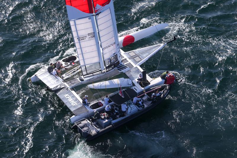 Support Boats work with Japan SailGP Team F50 catamaran after it sustained damage after a collision with Great Britain SailGP Team on Race Day 1.  - photo © David Gray/SailGP