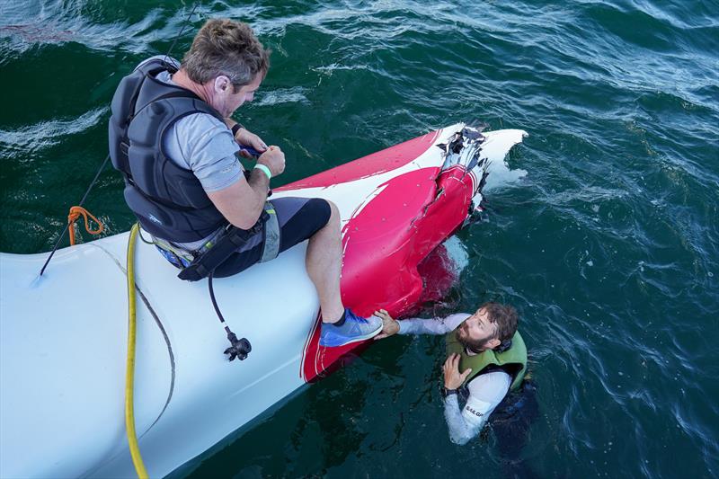 Japan SailGP Team technical crew work on the damaged bow after a collision with Great Britain SailGP Team on Race Day 1.  - photo © Beau Outteridge/SailGP